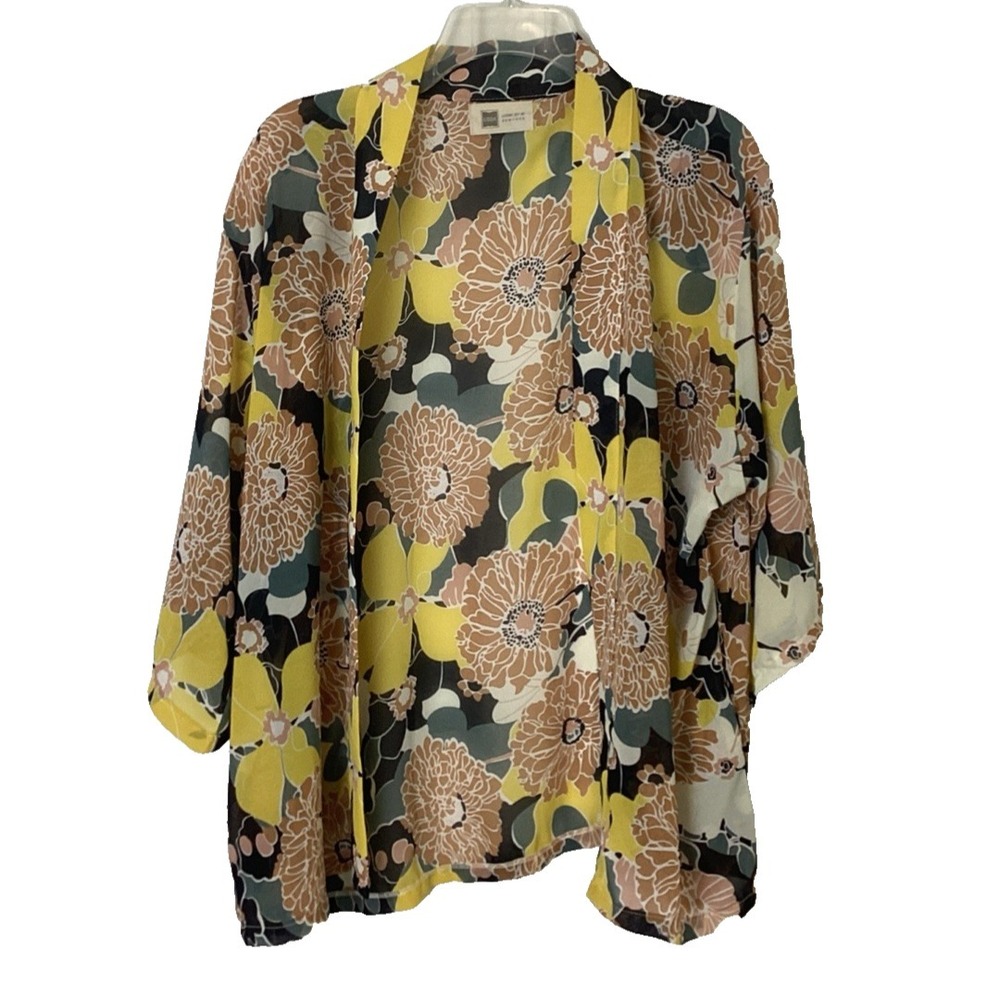 Look by M Kimono Size L Cover-Up Open Cardigan Sheer Floral Boho Artsy Bold‎